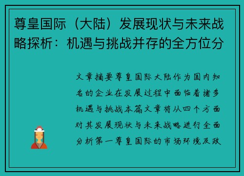 尊皇国际（大陆）发展现状与未来战略探析：机遇与挑战并存的全方位分析